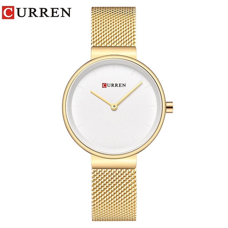 Curren casual eenvoudig quartz dameshorloge populair dameshorloge roestvrij staal montre femme relogio feminino: Goud wit