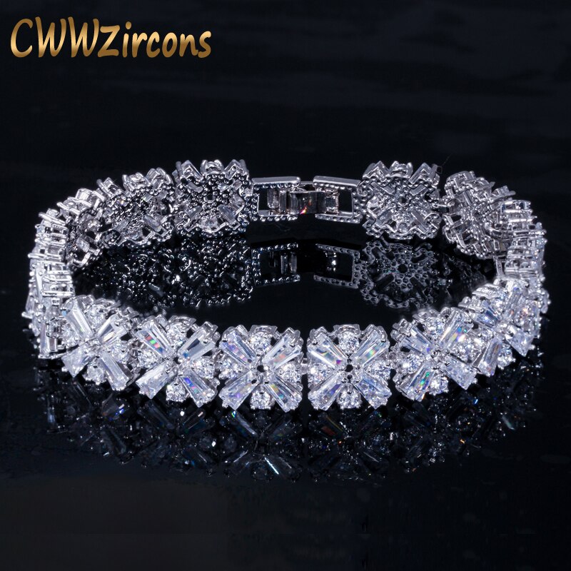 CWWZircons joyería de para mujeres, Plata hermosa Color Primavera flor Zirconia cúbica, brazalete de tenis conectado para boda CB010