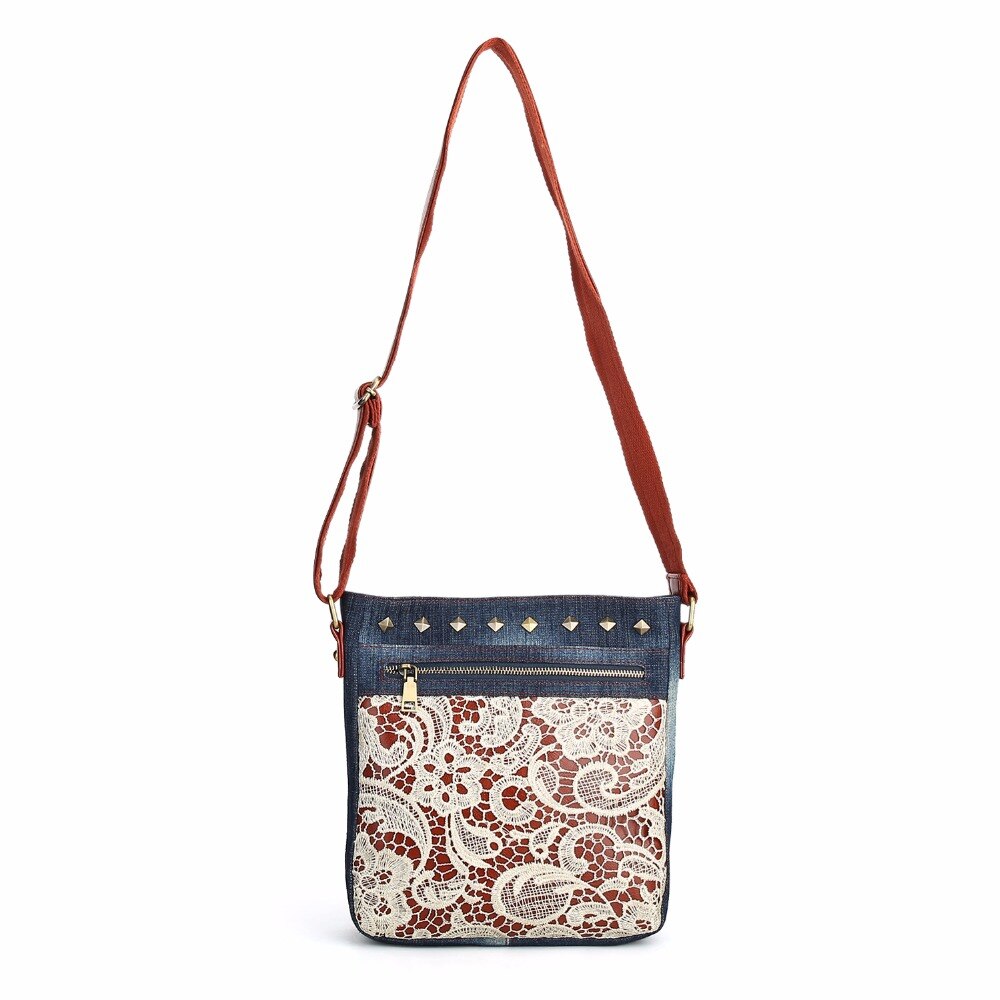 Bolso de mensajero con encaje Floral para mujer, bandolera de tela vaquera con tachuelas, a la , Estilo Vintage, para verano,