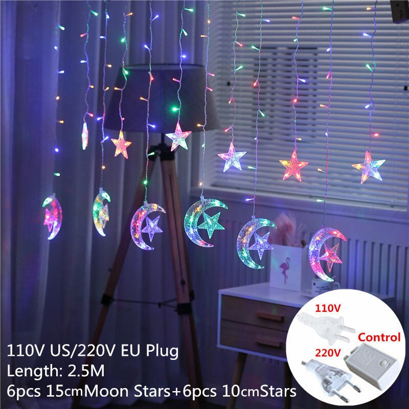 220v eu pistoke 2.5m led moon star lamppu keiju verho valo jouluseppele merkkijono valot lamppu vuodeksi hääkoristeita: Yuebaoxing värikäs / Eu -pistoke