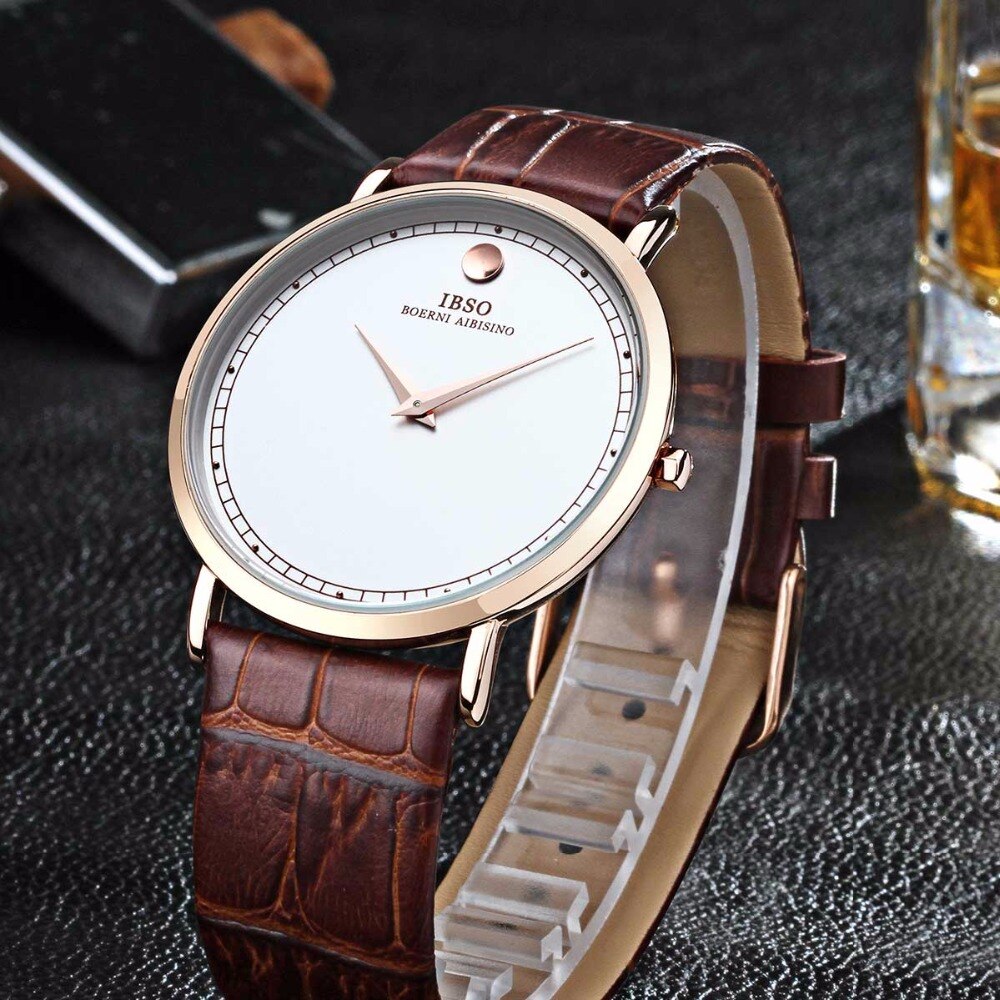 IBSO Eenvoudige Stijl Ultra Dunne Heren Horloges Quartz Horloges Lederen Band Casual Horloges B2220G