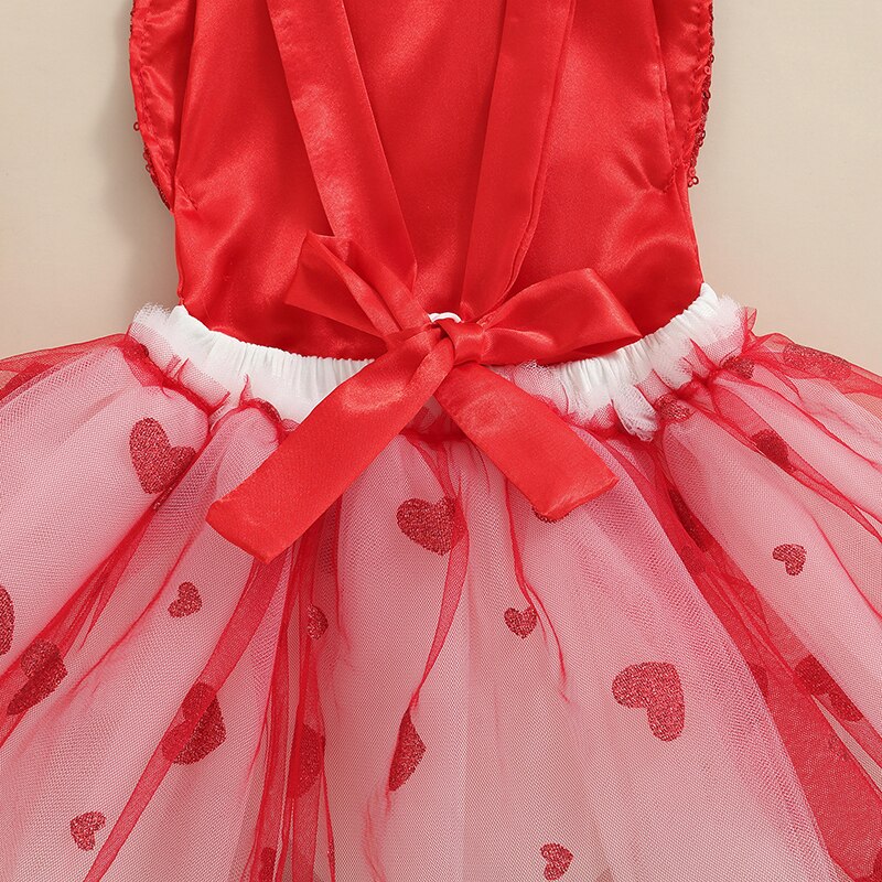 Infant Baby Girls Valentine's Day Romper Dress Suspender Sequin Love-Heart Open Back Bodysuit with Layered Tutu Mesh Skirt
