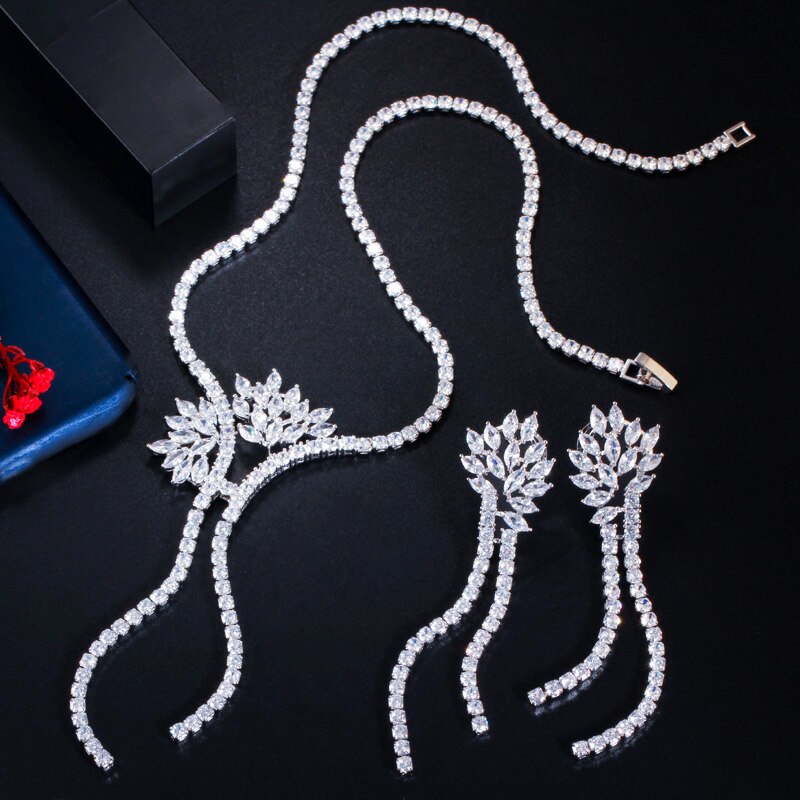 Cwwzircons Dubai Cz Steen Lange Dangle Bridal Tassel Earring Ketting Set Voor Wedding Party Kostuum Sieraden Accessoires T466