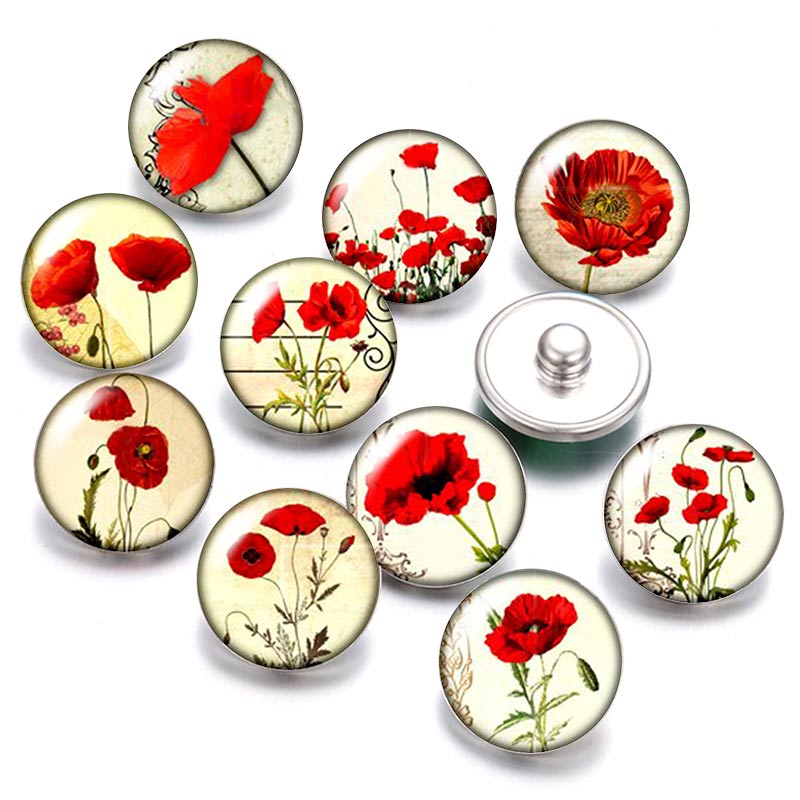 Botones a presión de 18mm con de flores, margaritas y lirios, foto redonda mixta, estilo de cabujón de cristal para joyería con botón a presión, 10 Uds.