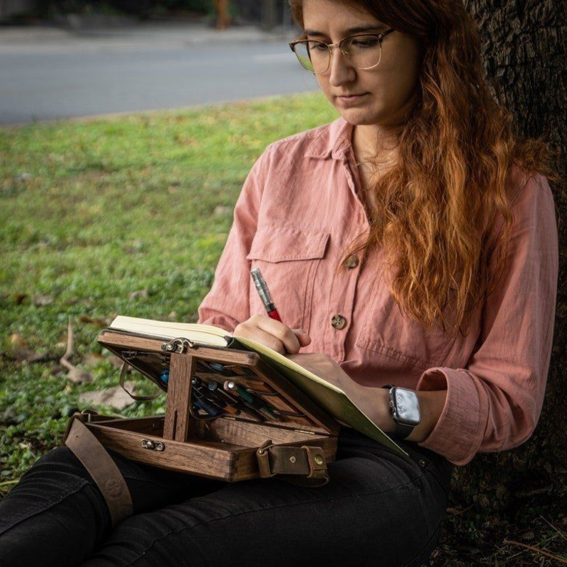 Writers Messenger-caja de madera para artista, maletín portátil de madera A5, Retro, para almacenamiento de herramientas, cepillos y cuaderno