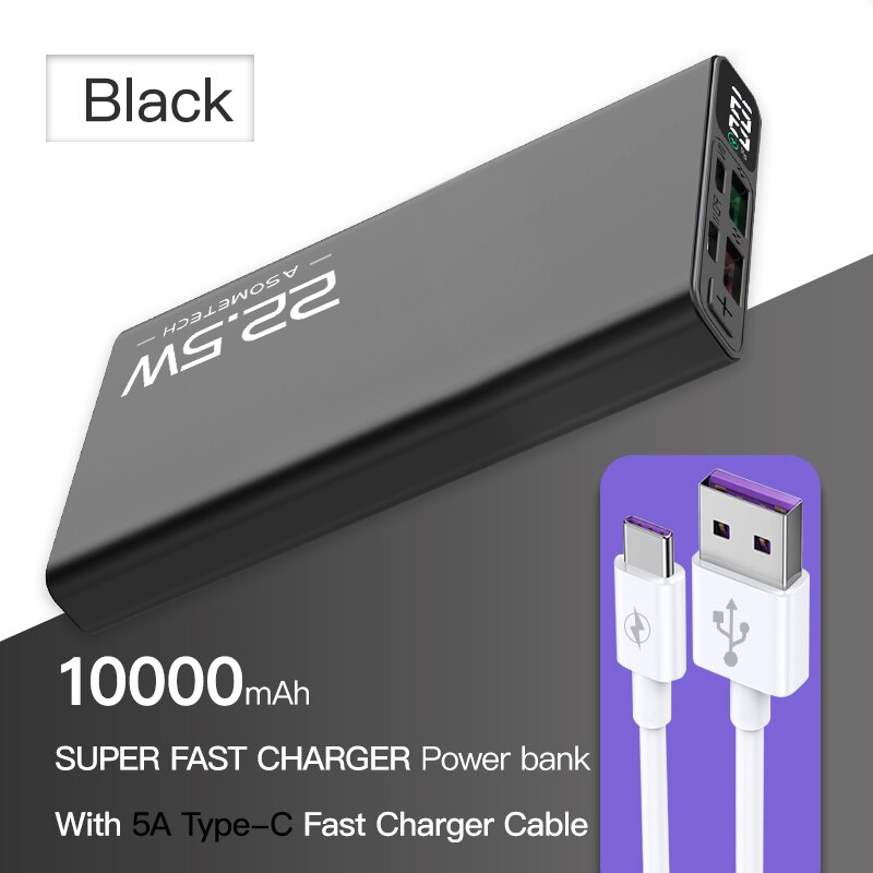 10000mAh Energie Bank 22,5 W QC 4,0 PD VOOC 5A schnell aufladen Energie USB Typ C Zwei-weg schnelle Ladung Externe Batterie Ladegerät: Schwarz-5A typeC Kabel