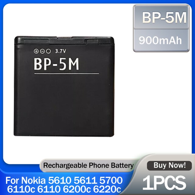 BP-5M BP5M BP 5M 900mAh para teléfono, batería recargable de iones de litio para Nokia 5700, 5610, 5611, 5710, 5611XM, 5700XM, 6110, 6110N, 6200C, 7390, 1 ud.: Default Title
