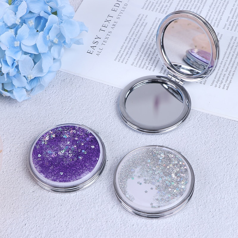 Portable Double-Sided Folding Cosmetic Mirror Female With Flowing Sparkling Sand Mini Makeup Mirror Compact Pocket Mirrors