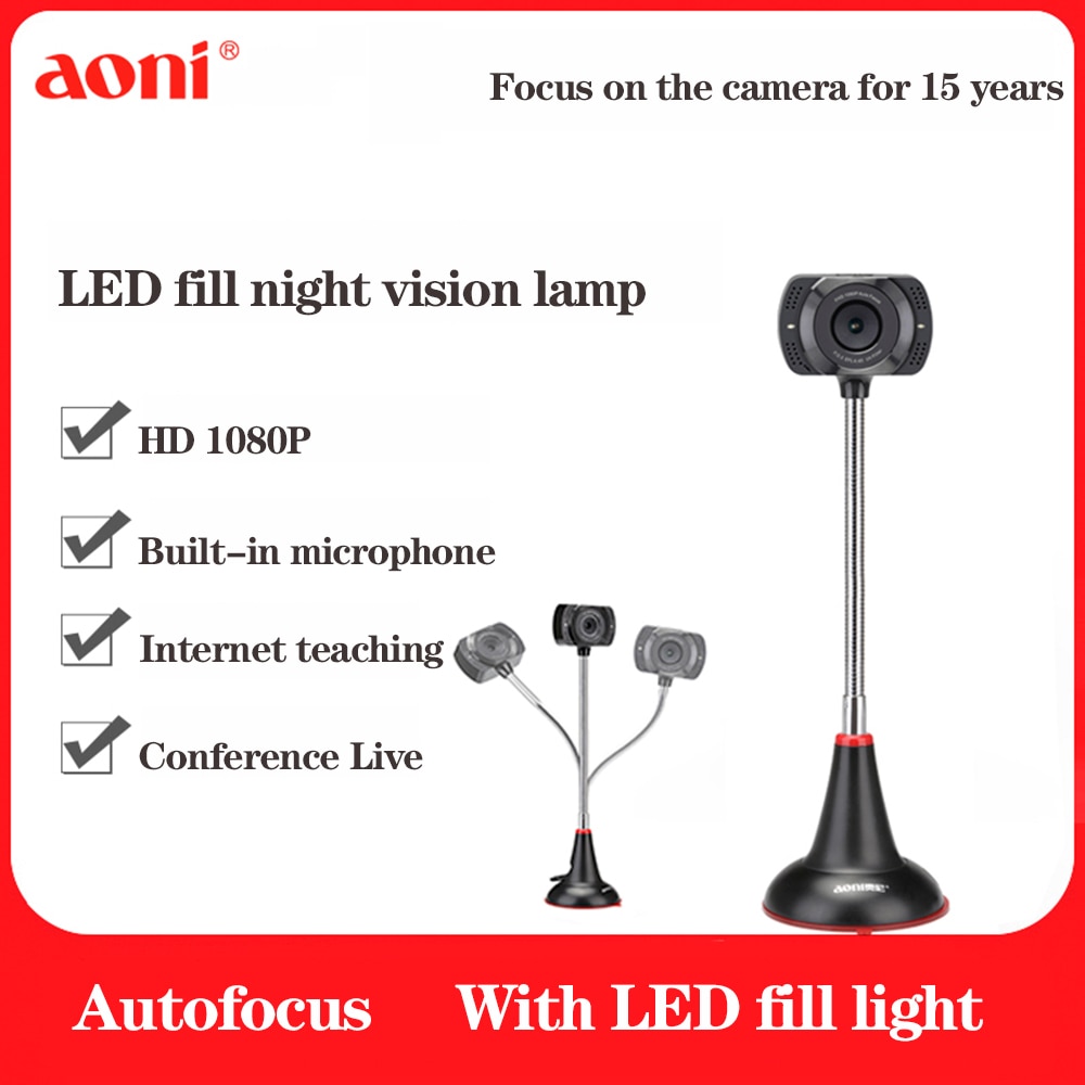 Aoni-cámara Web A25 Full HD 1080P, con micrófono, luz de relleno LED, para enseñanza de Internet, USB, videochat