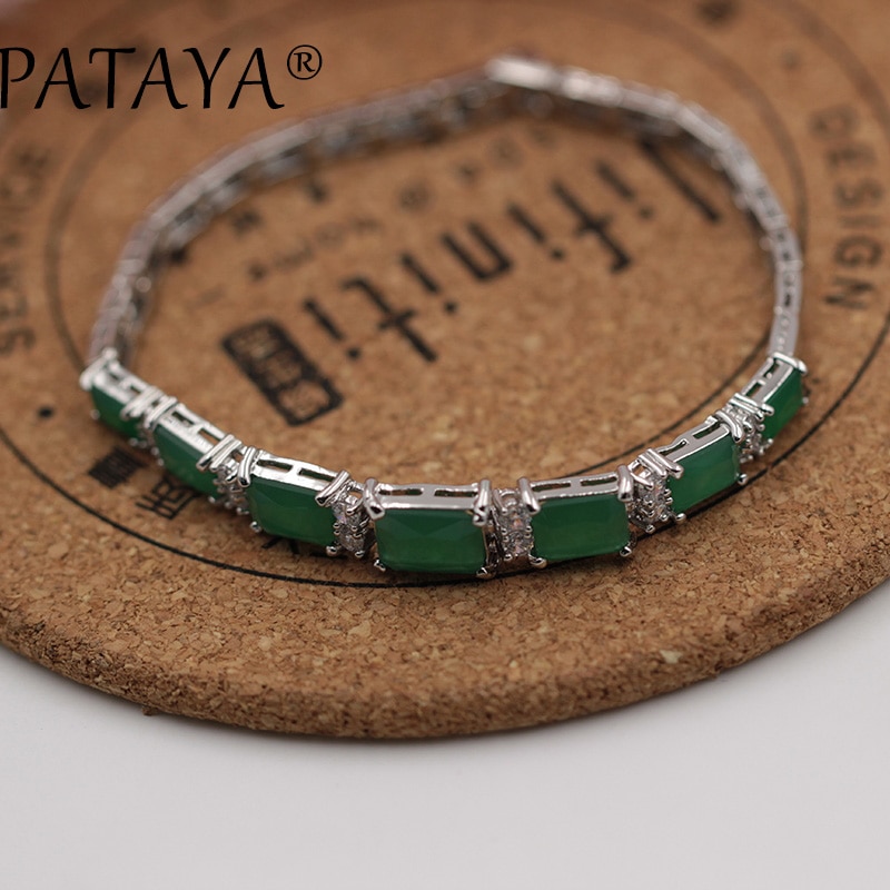 PATAYA Arrivals Single Row Green Square Natural Zircon Long Bracelets Women Wedding Jewelry True White Gold Link Bracelet 17