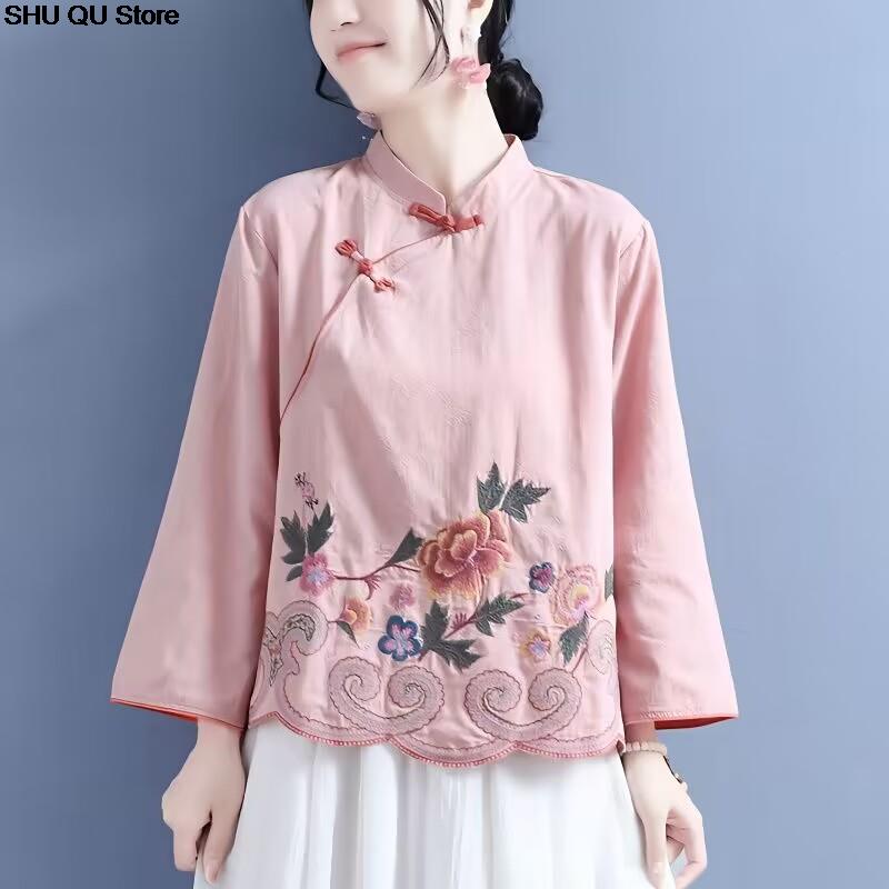 Chinesischen Stil Bestickt Baumwolle Leinen Shirts Frühling Sommer Retro Zugeknöpft Lange ärmeln Stand-up Kragen Kleidung Lose Tops