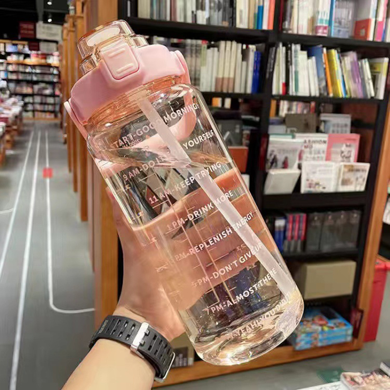 2 Liter Big Water Bottle With Straw Outdoor Sports Female Travel bottles Fitness Cup Summer Cold Water Jug with Time Marker: Pink