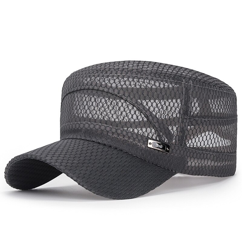 Unisex zomer platte pet dames heren ademend mesh hoed effen kleur buiten vissen sport zonnehoed casual zonnebrandcrème petten hoofdbedekking: Donkergrijs