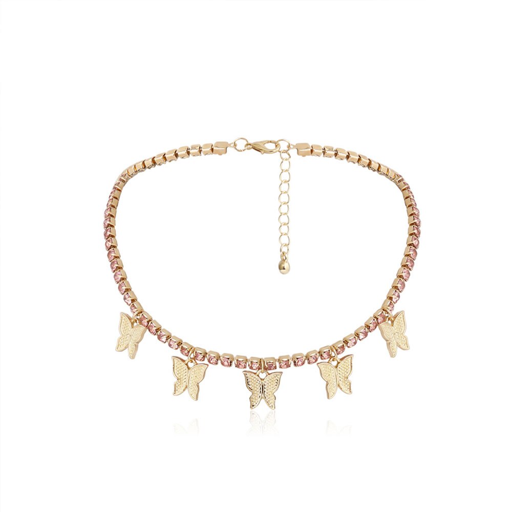 Stonefans Monarch Vlinder Ketting Hanger Rhinestone Sieraden Voor Vrouwen Bling Crystal Choker Verklaring Ketting Tennis Chain: Gold-Pink