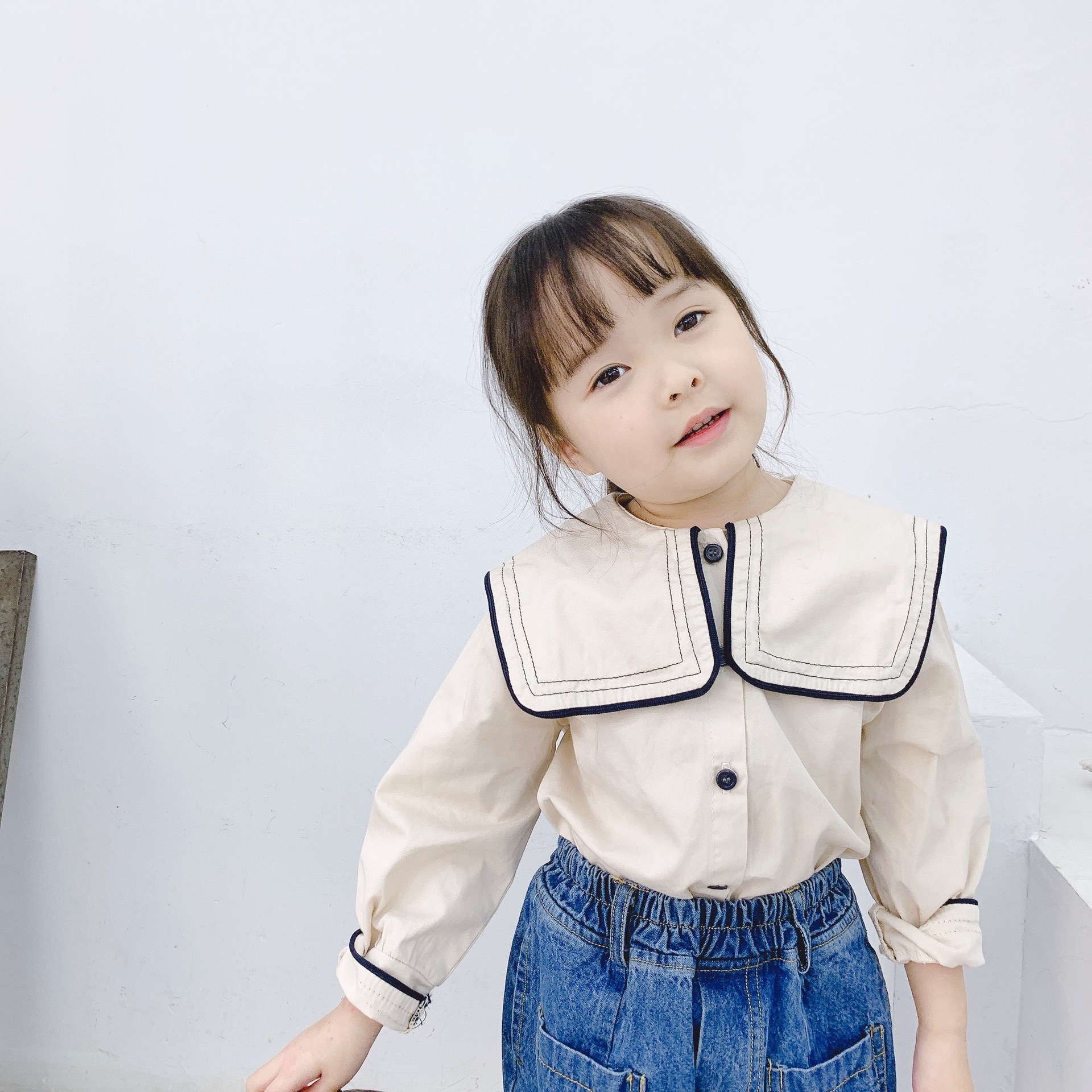 Estilo marinero de algodón con cuello vuelto grande para niñas primavera otoño ropa casual de manga larga para niños