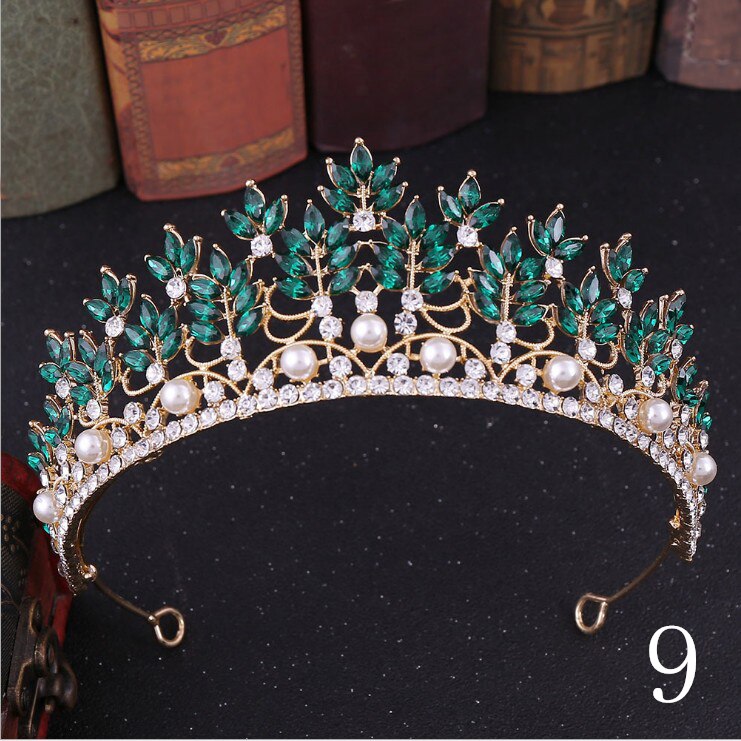 Women girls European Green Crystal Tiaras Vintage Rhinestone Pageant Crown Baroque Bridal Wedding Hair Jewelry Accessories: 9