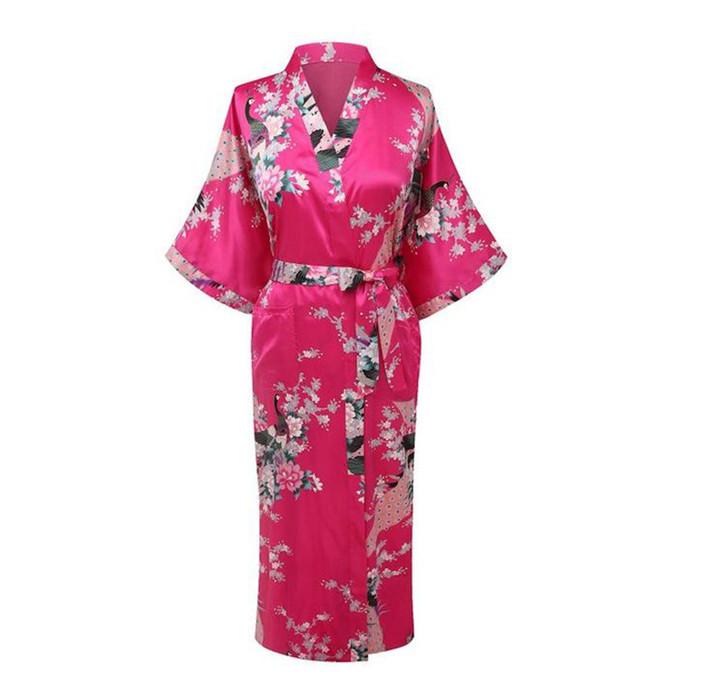 Lange Nachtjapon Pyjama Grijs Bruid Bruidsmeisje Wedding Robe Sexy Thuis Kleding Nachtkleding Vrouwen Nachtkleding Intieme Lingerie Neglige: Hot pink