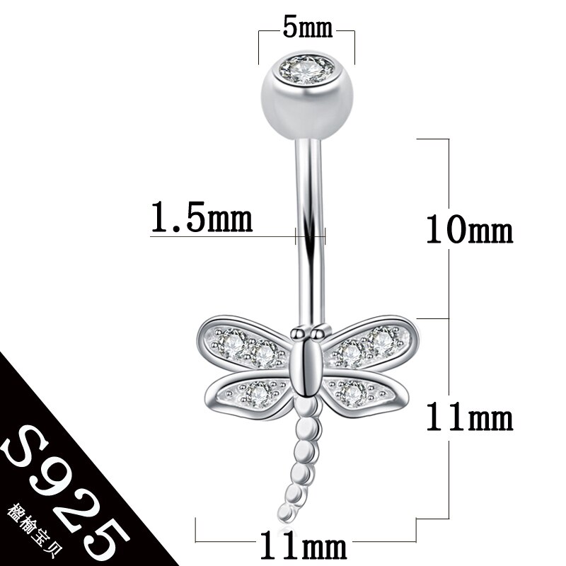 Bijoux de corps en argent sterling 925 S925, anneau de bouton de ventre non allergique libellule d&#39;insecte, broche de 6 8 10 mm pour femmes: PIN length 10mm