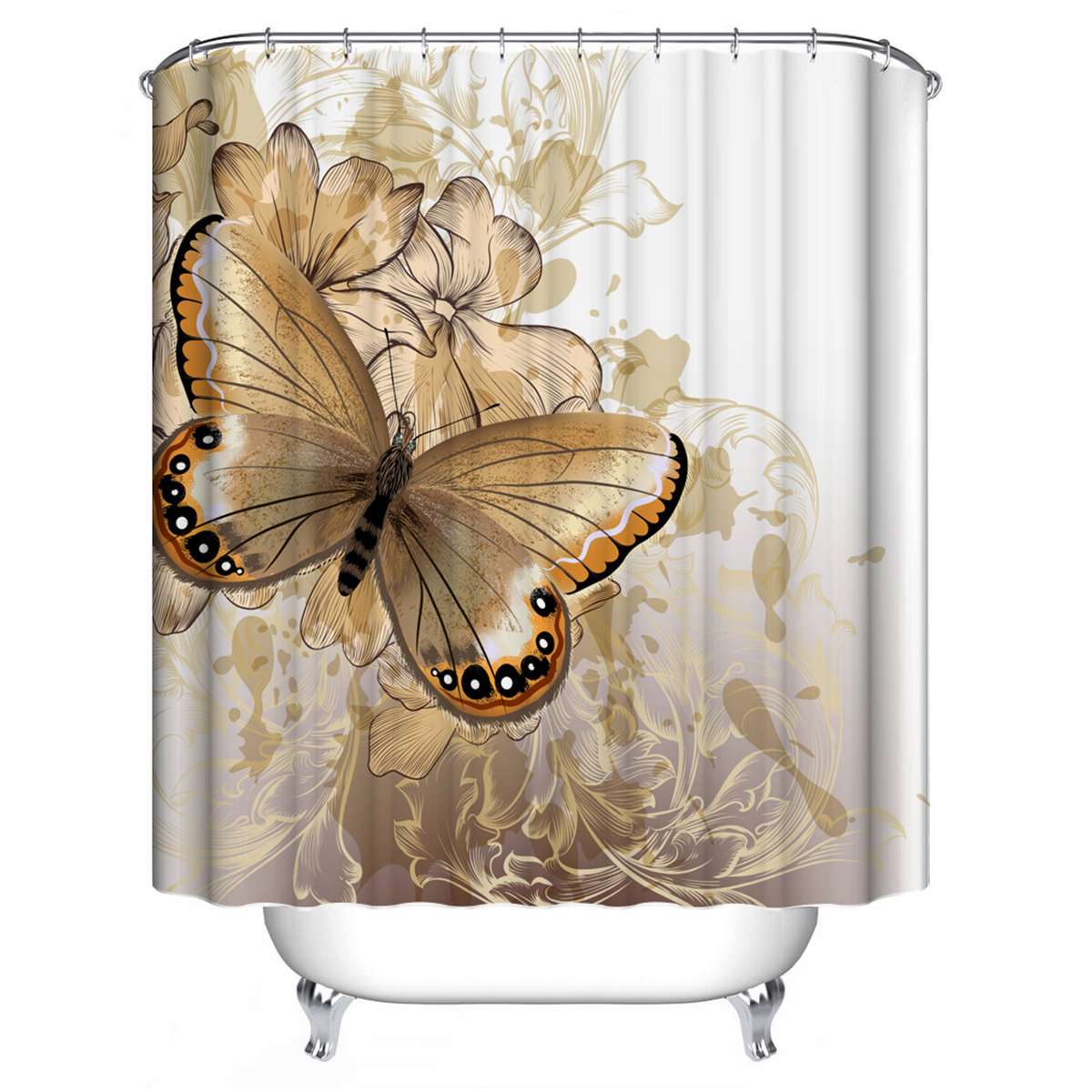 Sommerfuglebad bruseforhæng polyester vandtæt badeværelsesgardin tæpper sæt skridsikker køkken/bademåtte: 180 x 180cm gardin