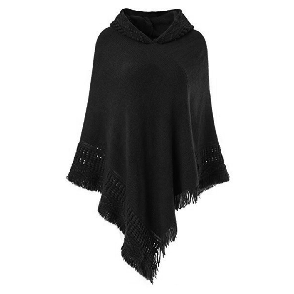 Women Warm Knit Batwing Top Poncho Cape Batwing Cloak Cardigan Coat Sweater Casual Loose Irregular Hem Tassel Cloak: Black