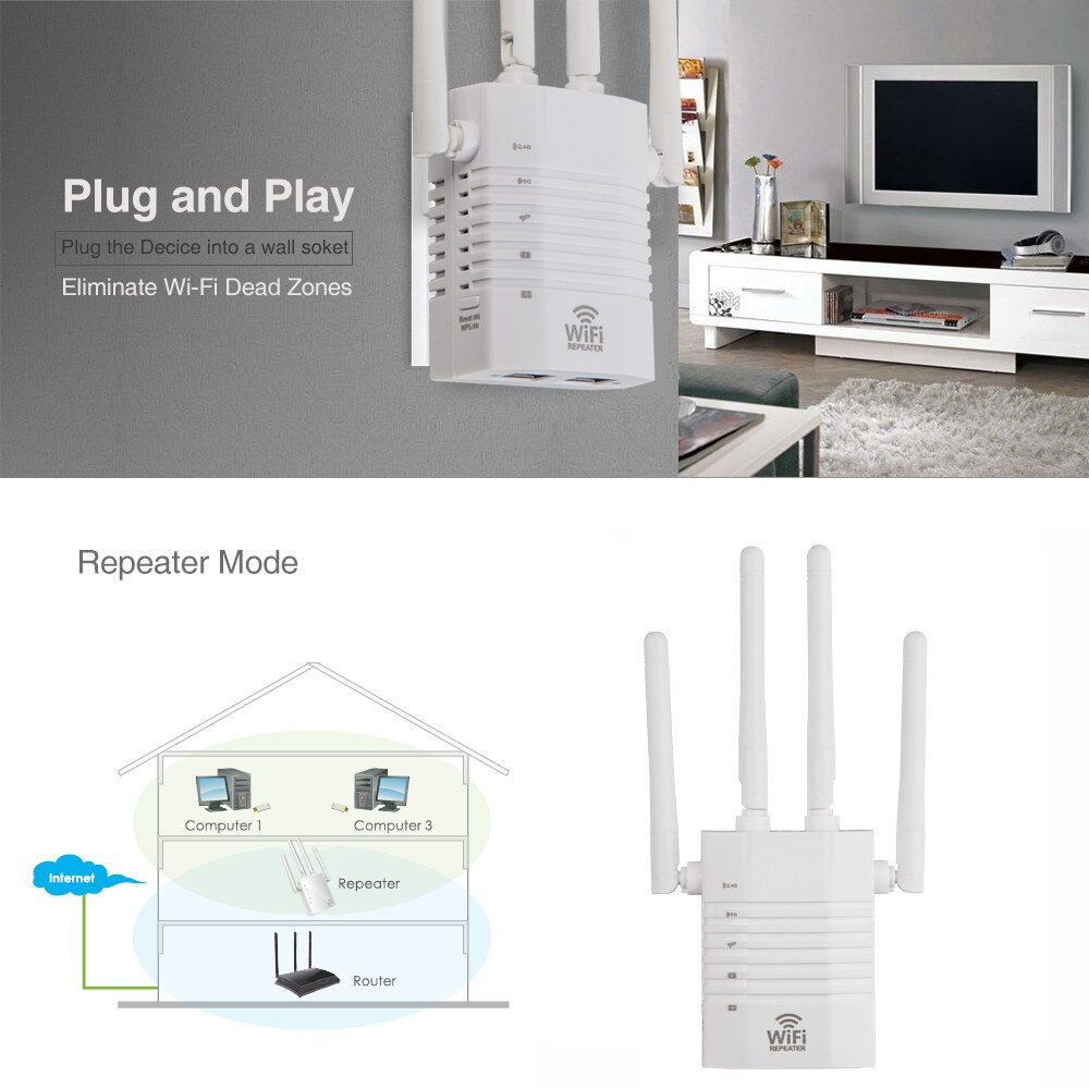 2.4/5G Wireless Wifi Repeater 1200Mbps AP Router Dual-Band Wi-Fi Range Extender Routers Home Network Signal Amplifier 4 Antennas
