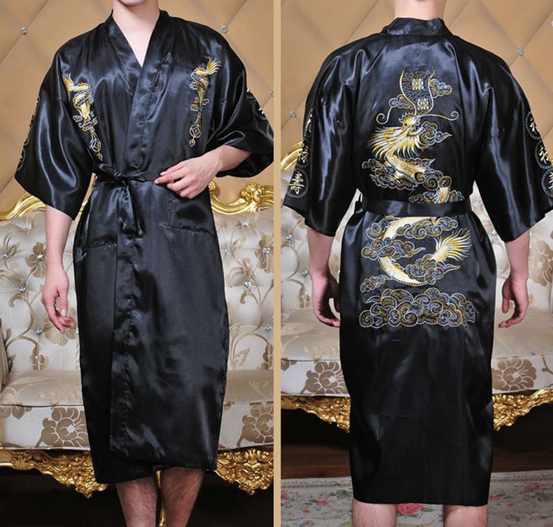 Chinese stijl gewaad klassieke borduur draak kimono man homewear lange badjas satijnen nachtjapon losse nachtkleding loungewear