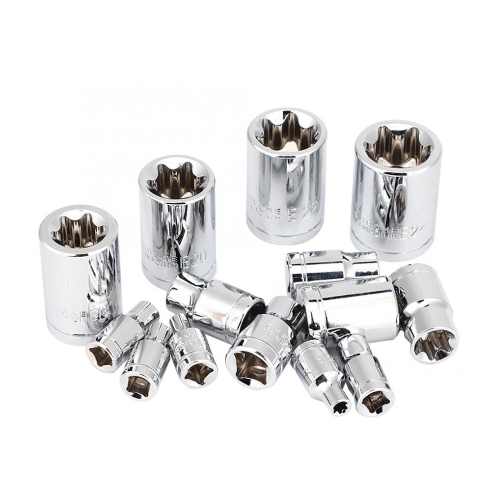14pcs/Set E-Torx Star Female Bit Socket Set 1/2" 3/8" 1/4" Drive E4 - E24 E-Socket Nuts Set Repair Hand Tools Torque Socket Set