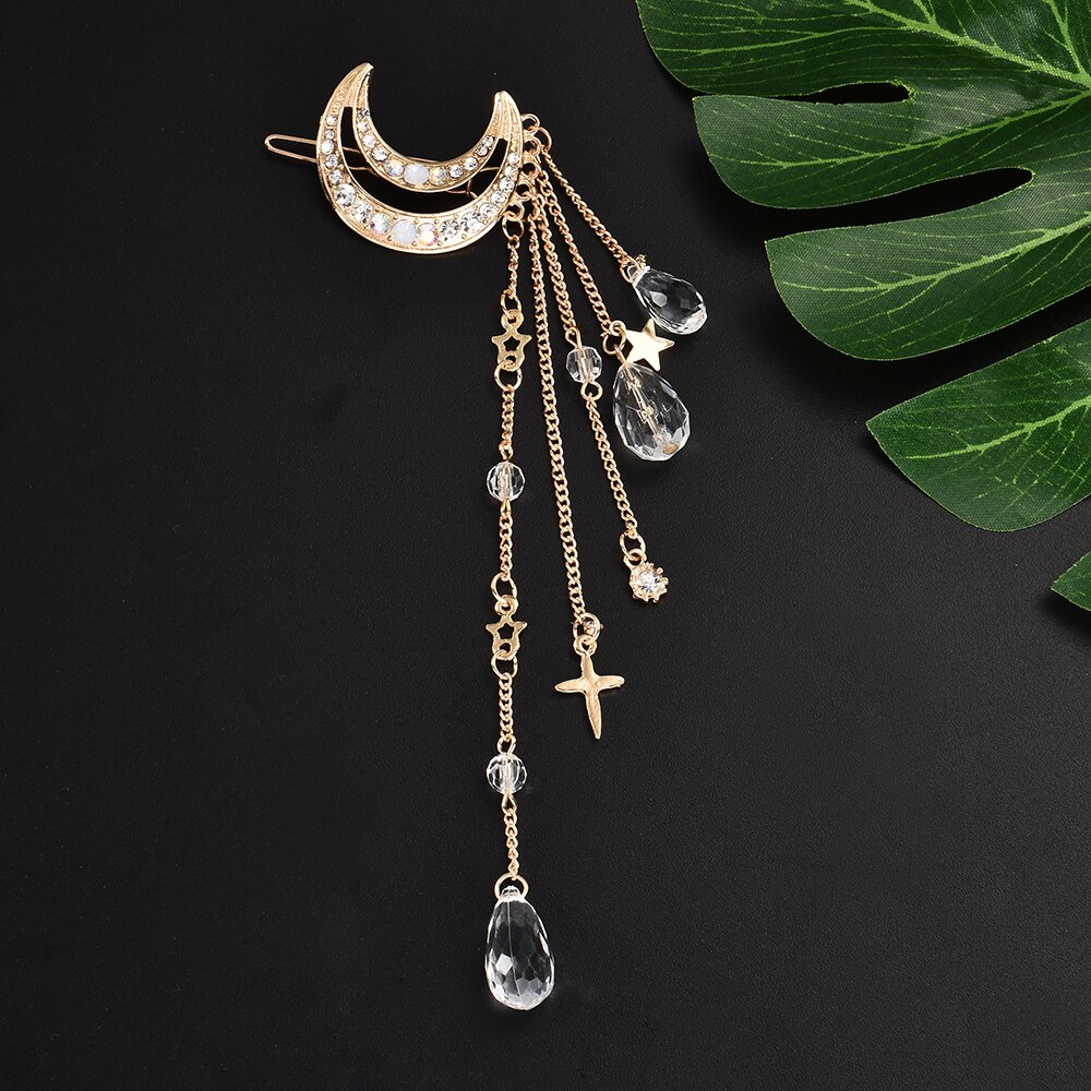 Classic Moon Crystal Rhinestone Beads Dangle Fringe Hair Clip Hair Accessories Women Bridal Jewelry decoration headpiece: Gold-color