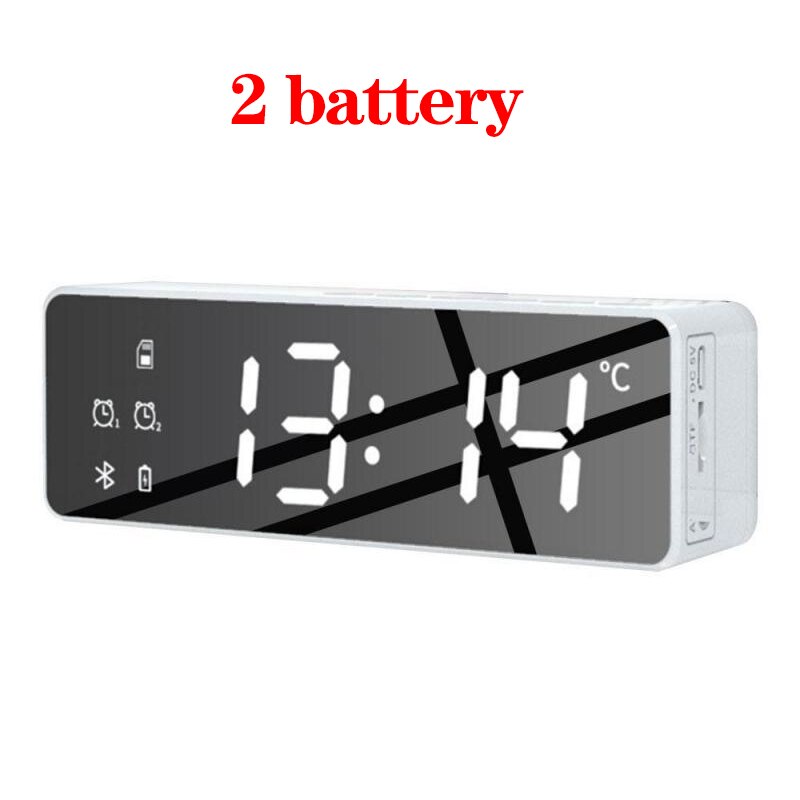 LED Digital Display Mirror Alarm Clock USB Charging Intelligent Induction Wake Up Lamp Night Light Bluetooth Speaker Alarm Clock: white 2 battery