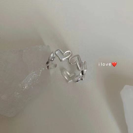 Bagues ouvertes simples en forme de cœur creux pour filles, bagues de couleur argent, bijoux de mariage esthétique, de promesse pour femmes: Black