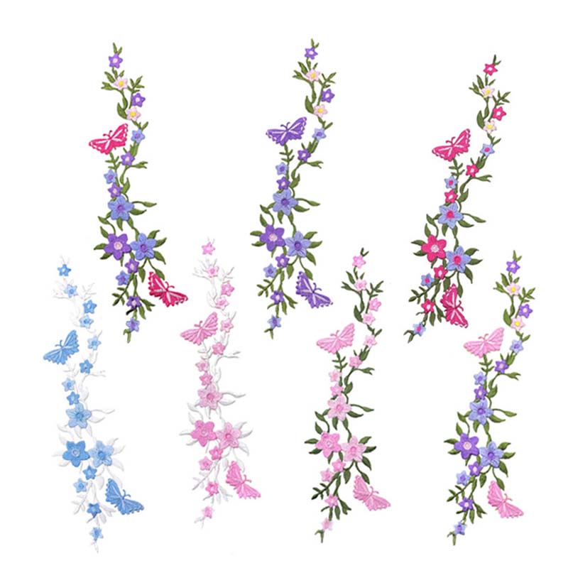 Delikat blomsterranke med sommerfugl klesklistremerke termokollant lapp, blomsterbrodert applikasjon strykelapper til klær