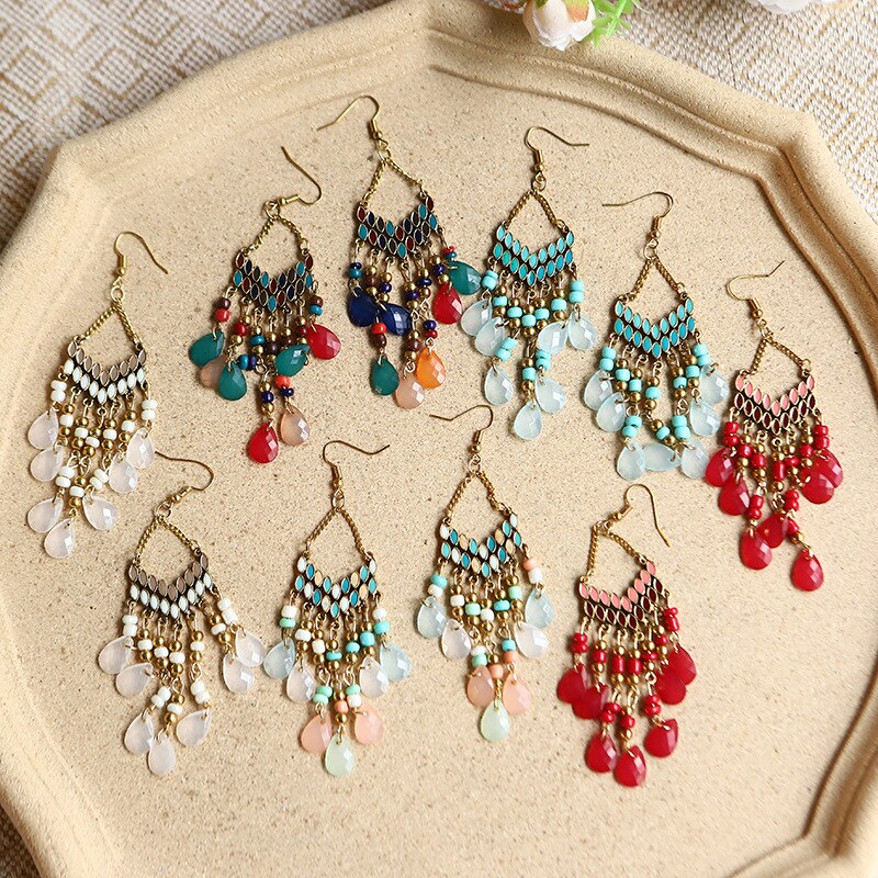 Bohemian Ethnic Flower Ladies Earrings for Women Boho Vintage Alloy Carved Beads Tassel Dangle Earrings Indian Jewelry
