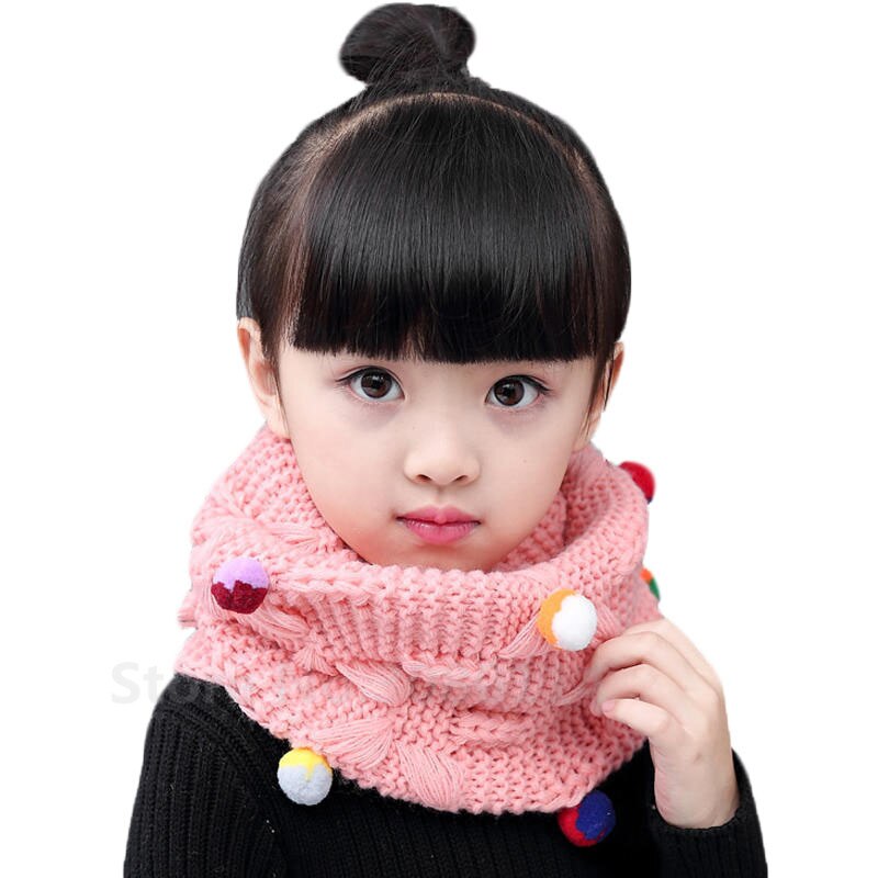 Höst vinter pojkar tjejer halsduk baby barn halskrage färgglad pompom godis halsduk varm tjock stickad ull barn o ring halsdukar