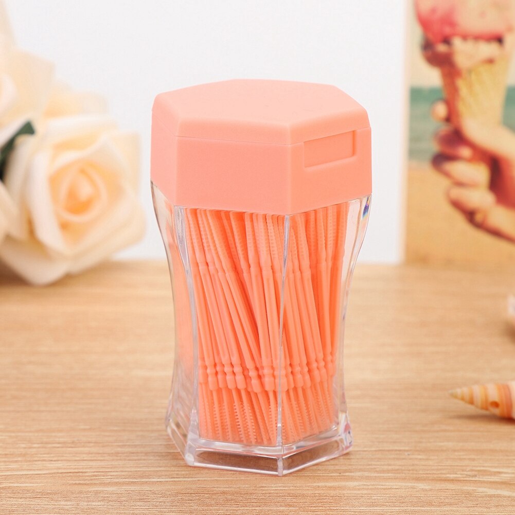 200 Stck Lebensmittel-Klasse Doppel Kopf Zahnstocher Kegel bilden Weichen Bürste Haushalt Reinigung Zahnstein Entfernung Sechseckigen Flaschen Einfache Pack: Orange