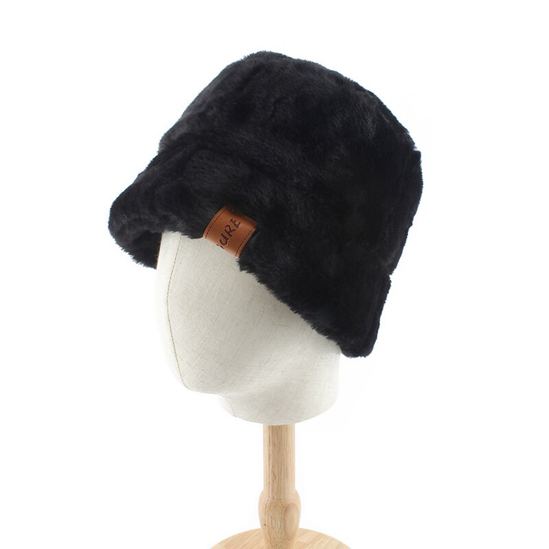 Imiteret pels vinter sort bøttehat til kvinder pige solid tyk blød varm fiskerhat udendørs ferie panama bob cap