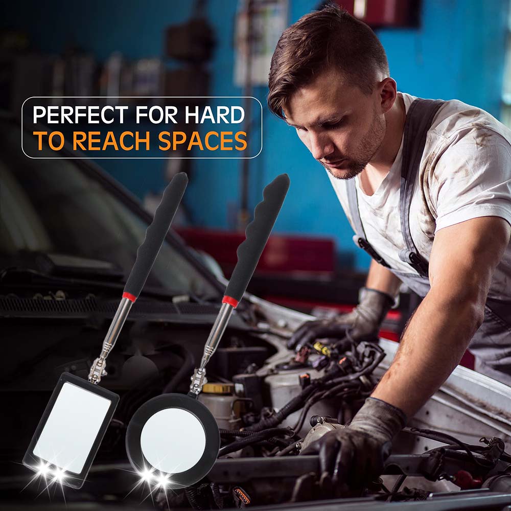 360° Inspection Mirror LED Light Telescoping Mirrors Extend Mechanic Tools Inspection Mirror Telescopic Handle Repairing Tools