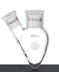 Glaskolben, zwei hals, birnenform, kapazität: 25 ml, Mittelgelenk: 19/22, seite gemeinsam: 19/22