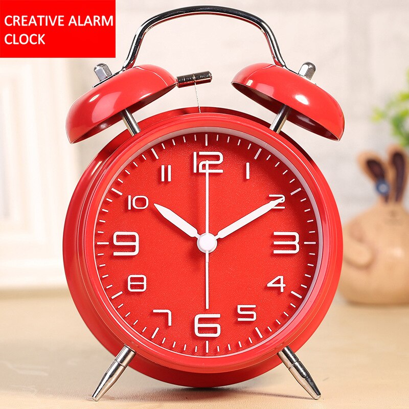 Reloj despertador de doble campana de 4 pulgadas para niños, cronógrafo de Metal con personalidad, , luminoso, para sentarse, decoración del hogar: Red