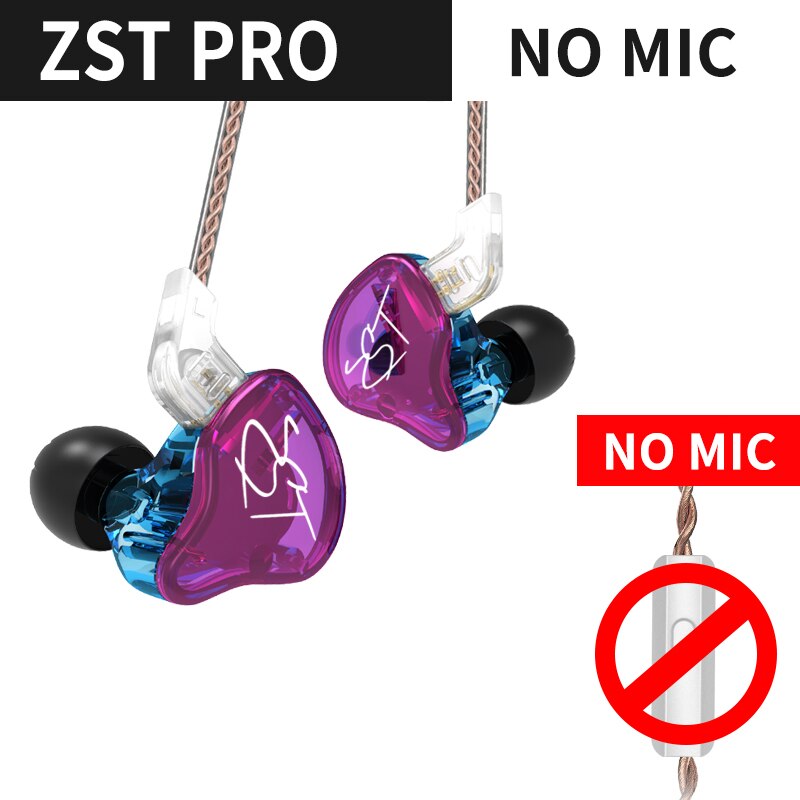 Kz zst/zst pro zst x 1dd + 1ba híbrido in-ear fone de ouvido com cancelamento de ruído fone de ouvido com microfone cabo de substituição zsx zs10pro zsnpro zstx: Purple no mic ZST