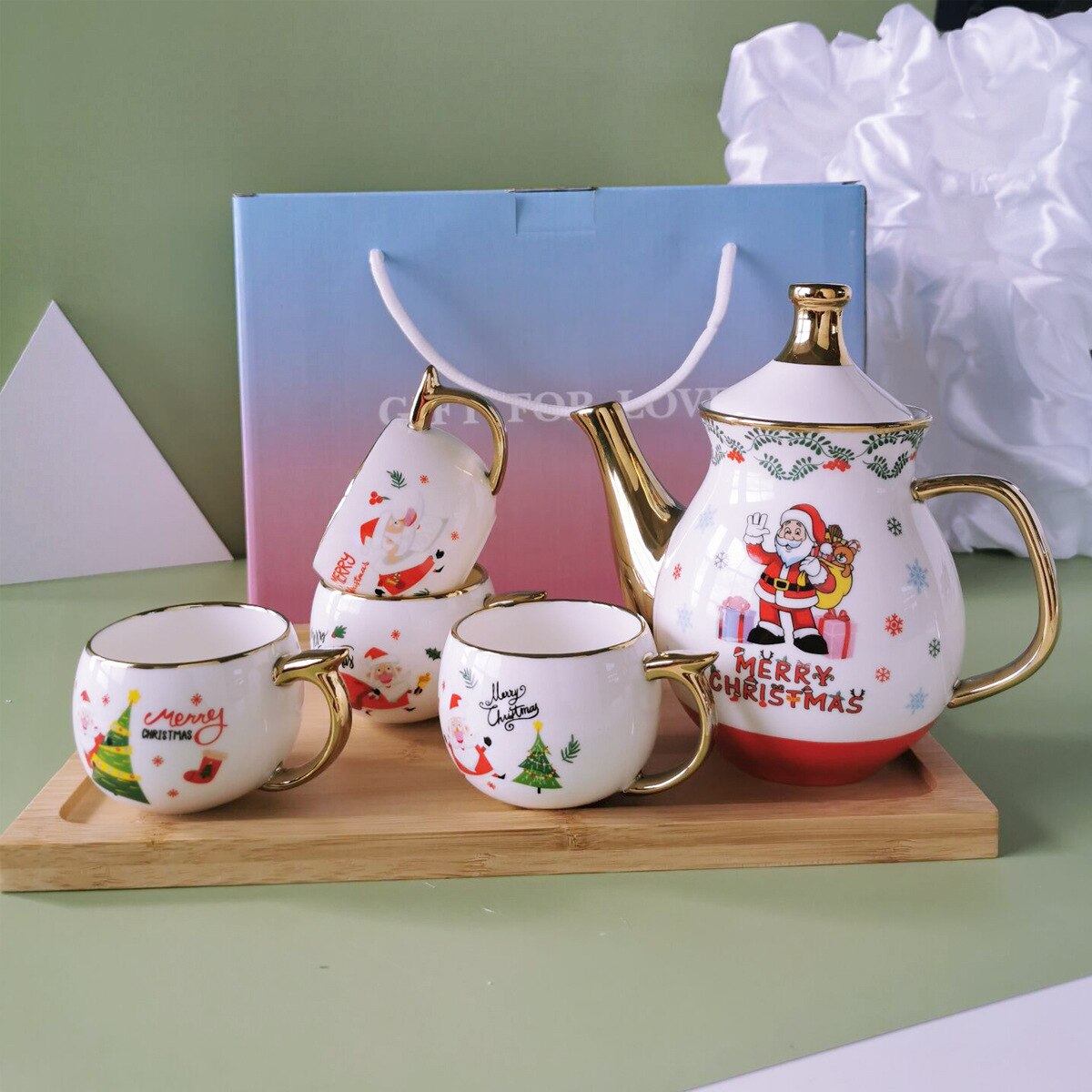 Weihnachten Serie Tee-einstellen Keramik Teekanne Wasser Tasse einstellen mit Tablett Santa Claus Tee-einstellen Tee Tasse einstellen Wohnzimmer haushalt Getränk: Gliederung in Gold