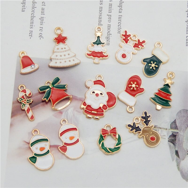 Julie Wang Enamel Christmas Charms Alloy Mixed Santa Claus Tree Bell Sock Snowman Snowflake Pendant Jewelry Making Accessory