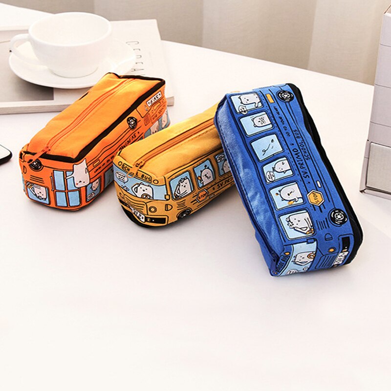 Large Canvas Pencil Case Popular School Bus Zipper Pencil Box For Stationery Organizer School Supplies Durable Pen Bag For Kids