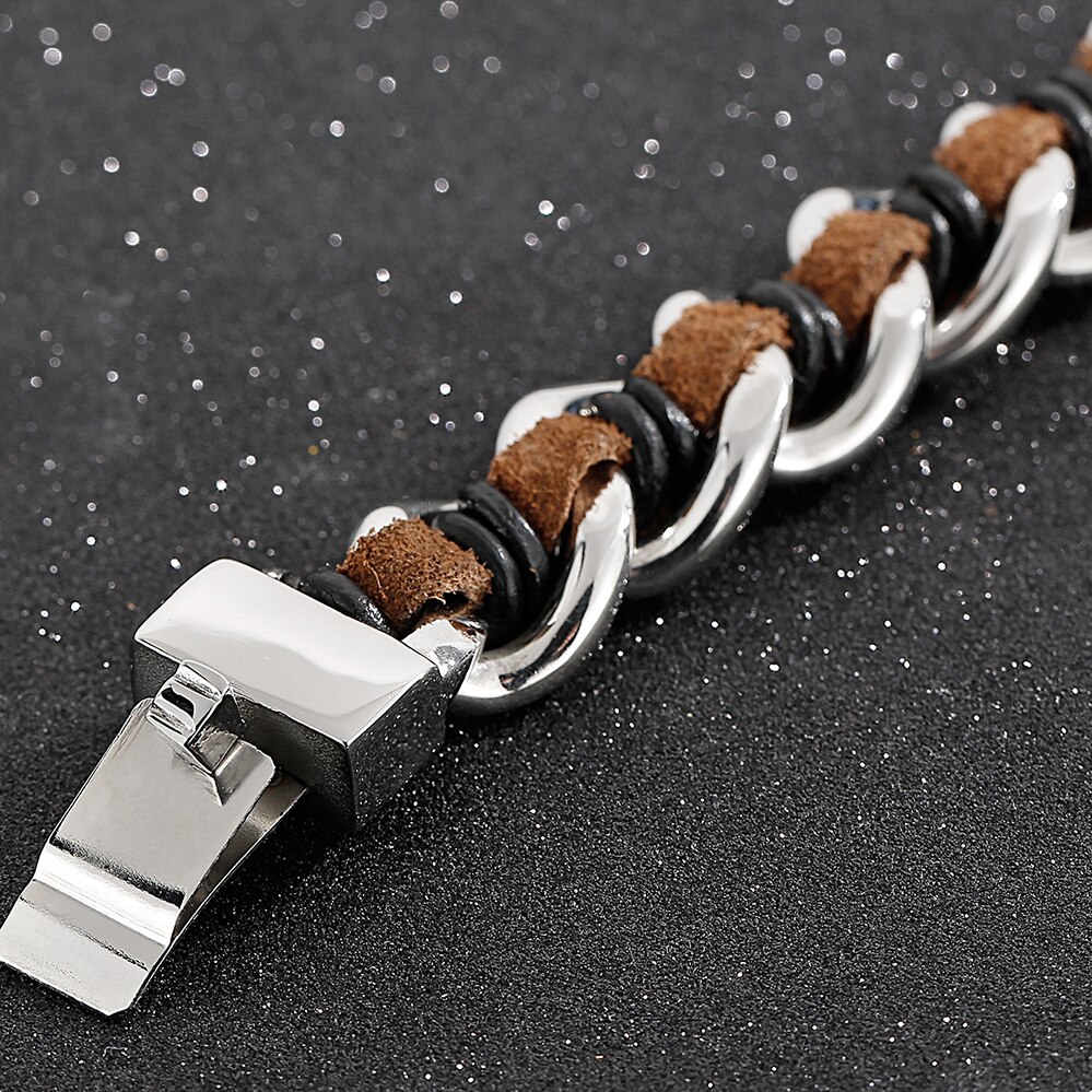 Handgemaakte Lederen Wrap Armband Mannen Jongens Armbanden Titanium Rvs Heren Biker Sieraden Accessoires Manchet Bangle Mannelijke