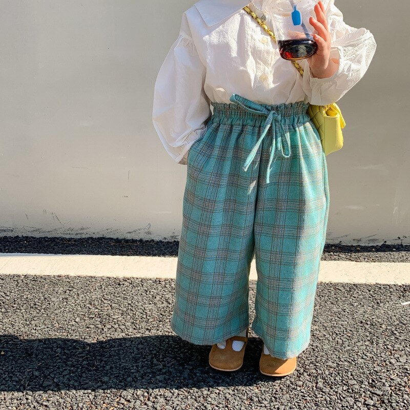 Pantalones de pierna ancha holgados a cuadros para niña, informal Pantalón recto de algodón, a la , de 1 a 7 años, novedad de primavera