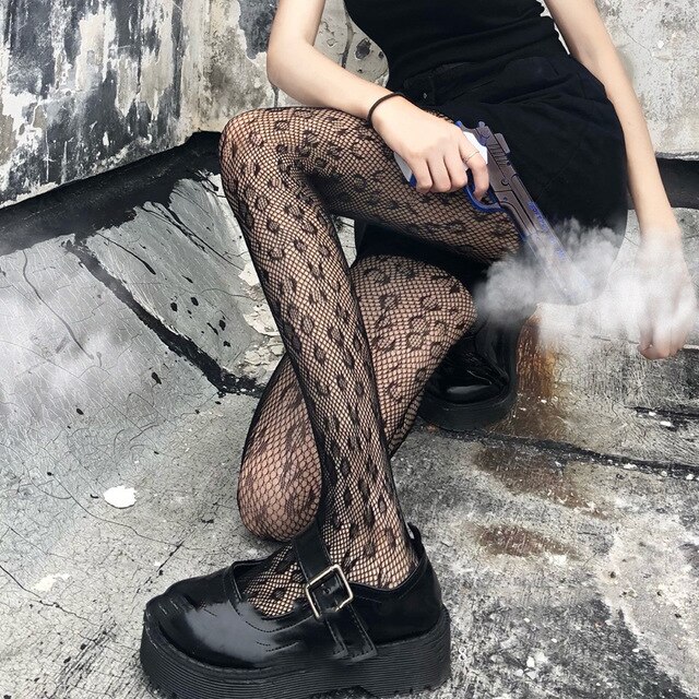 Women Fishnet Heart Pringting Tights Transparent Black Logo Tights Hollow out Moon print Pantyhose Thin Stockings: Black leopard