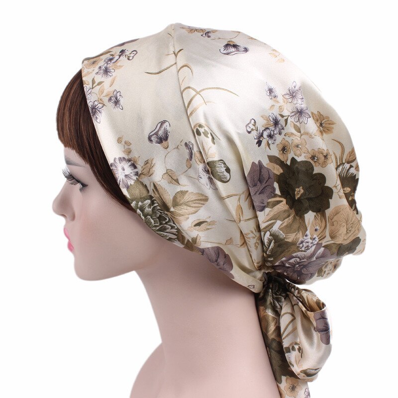Turbante musulmán de flores de satén suave para mujer, pañuelo para la cabeza, listo para usar hijab, con lazo estampado,: 6