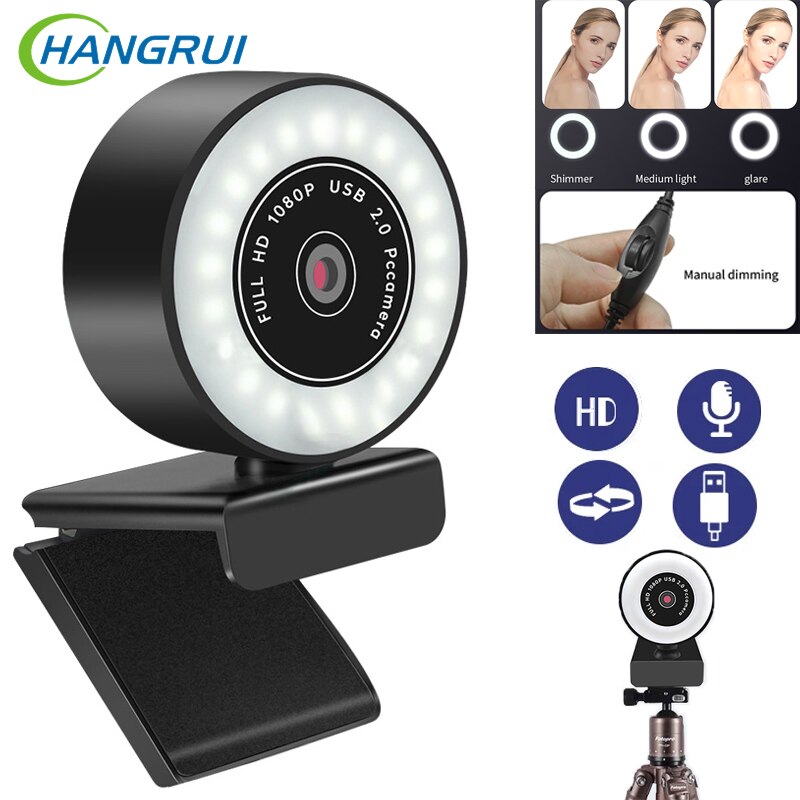 Webcam 2K Full Hd 1080P Pc Computer Webcam Usb Webcam Drive-Gratis Autofocus Ring Flash Vullen licht Cam Webcams Met Microfoon