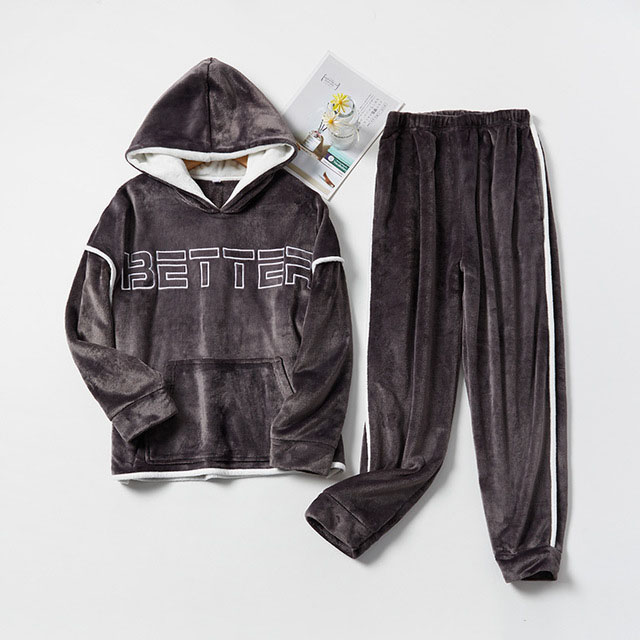 Pijama de franela con capucha para hombre, conjunto de 2 unids/set/conjunto de ropa de dormir gruesa y cálida para parejas, trajes informales sueltos para el hogar: Gray / XXL(80-90KG)