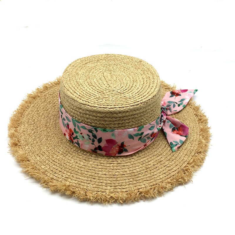 Sombrero de playa de verano Natural para niña, pañuelo Delgado, banda de rafia, tipo canotier sombrero de paja, ala de borla, sombrero de paja de rafia flexible