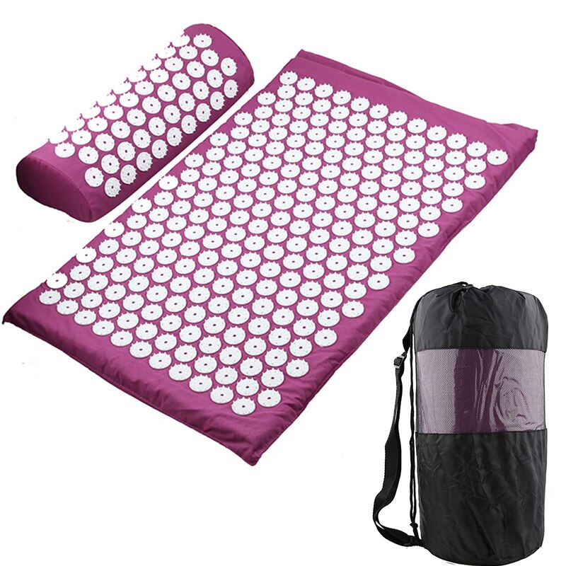 Cojín de masaje Yoga estera de acupresión cuello parte trasera del pie masajeador dolor alivio de estrés masaje con acupuntura Pad: Purple set with bag